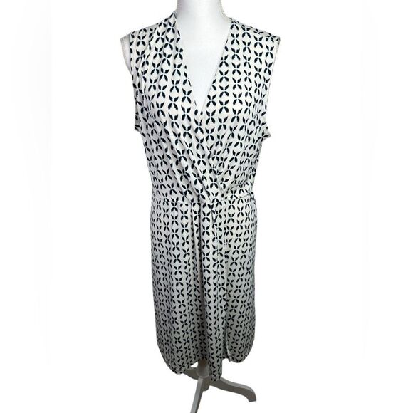 Banana Republic Factory Faux Wrap Sleeveless V-Neck White Blue Dress Large - Picture 1 of 10